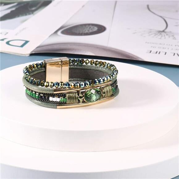 Leather Wrap Bracelets for Women - Boho Cuff with Crystal Beads - Picture 3 of 8